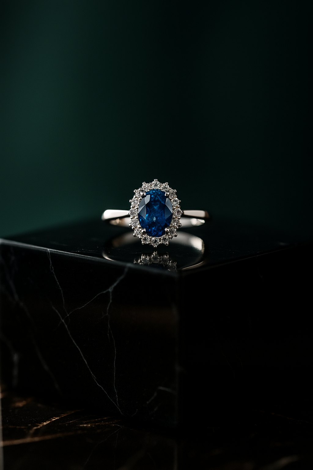 Anello in oro bianco con zaffiro blu e brillanti