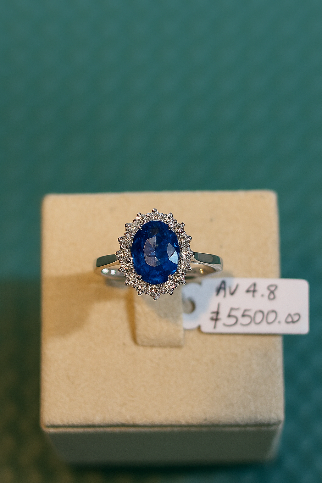 Anello in oro bianco con zaffiro blu e brillanti