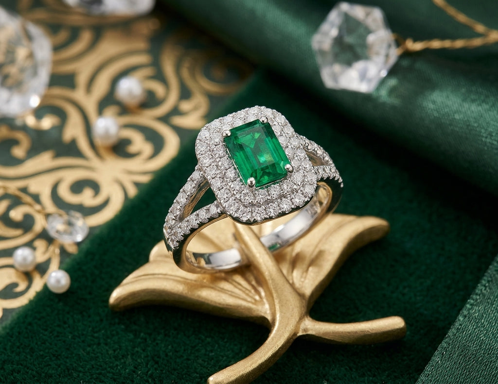 Anello in Oro Bianco con Smeraldo Verde e Diamanti