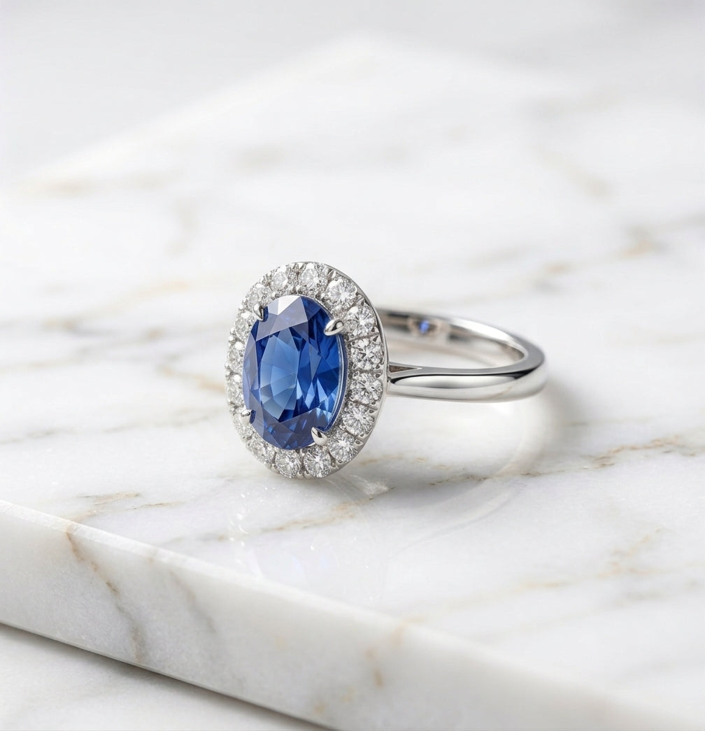 Anello in Oro Bianco con Tanzanite blu e Diamanti