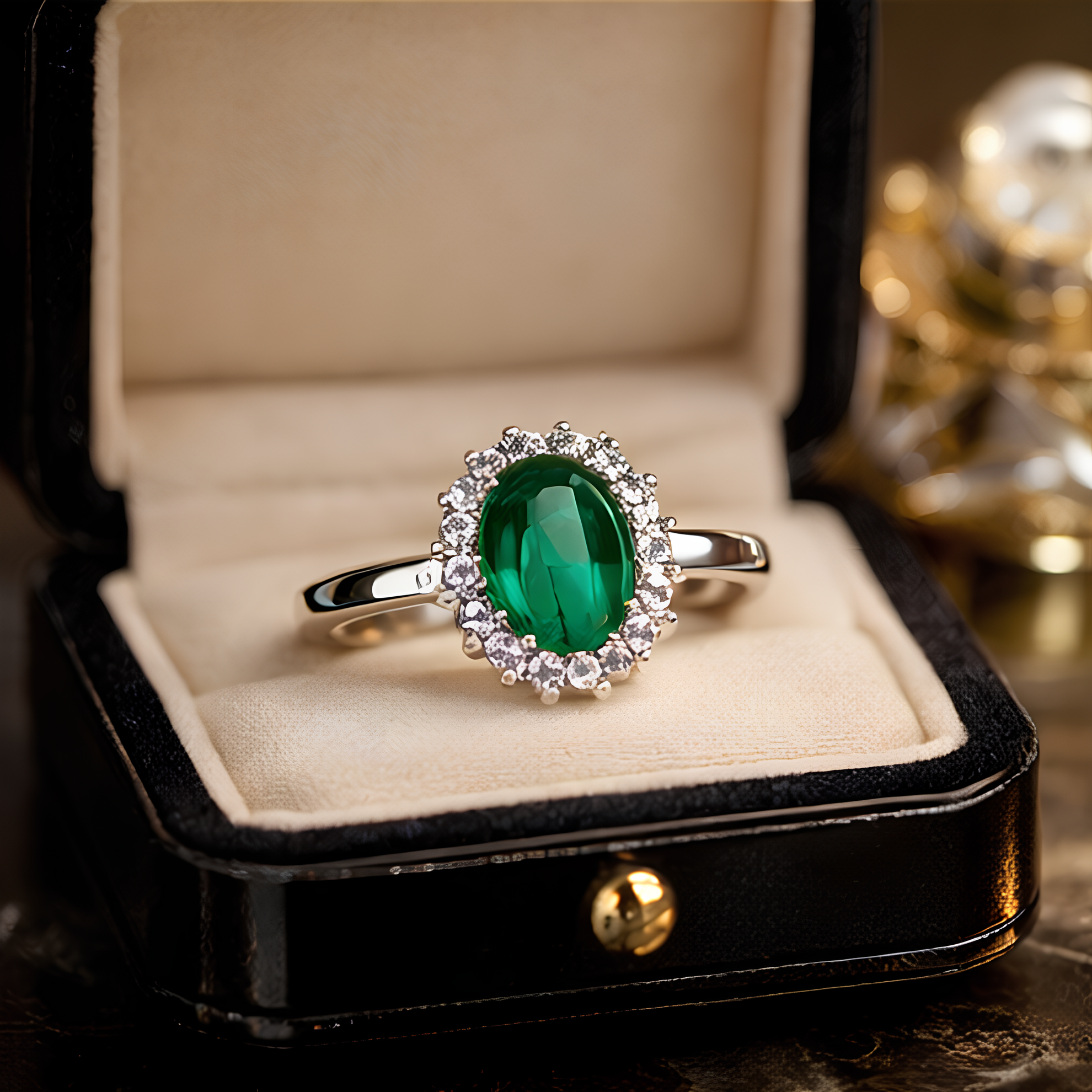 Anello in Oro Bianco con Smeraldo e Diamanti