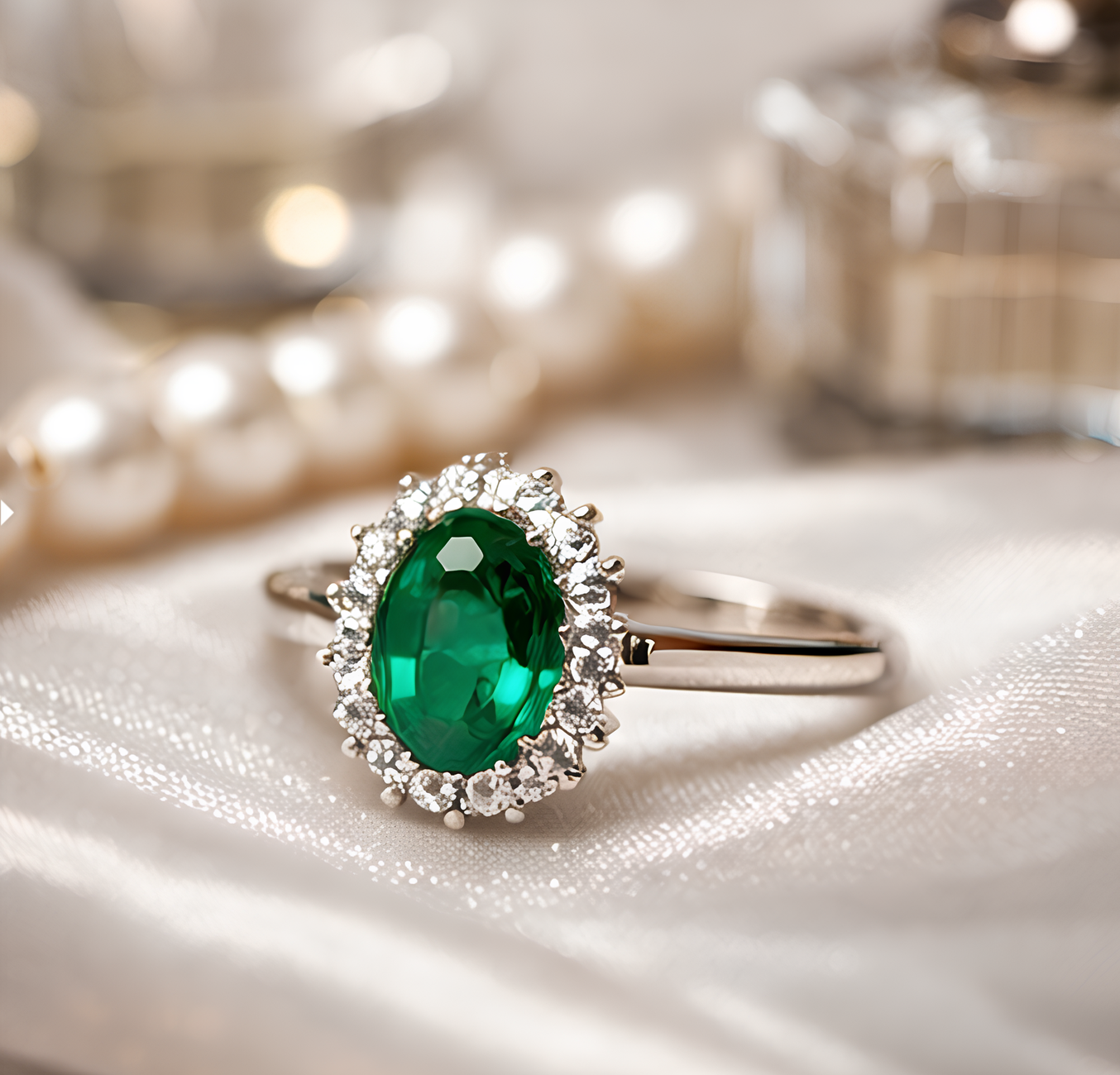 Anello in Oro Bianco con Smeraldo e Diamanti
