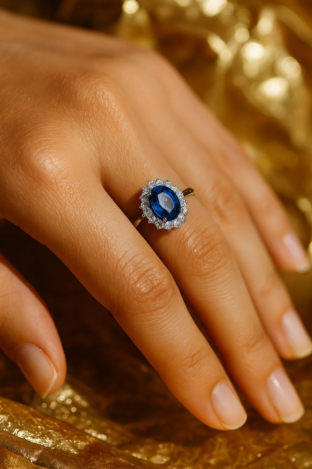 Anello in oro bianco con zaffiro blu e brillanti