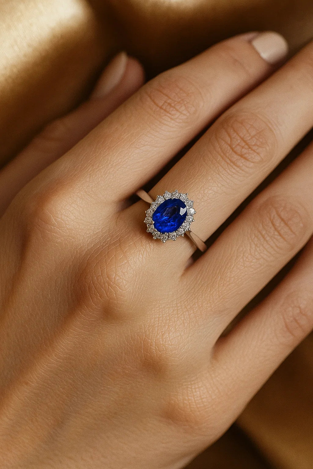Anello in oro bianco con zaffiro blu e brillanti